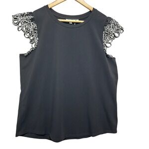 Chicos Womens Black Eyelet Flutter Sleeve Knit Top 3 US XL Scalloped Trim Chic